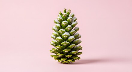 A Single Green Pine Cone with White Snow Flakes on a Pink Background