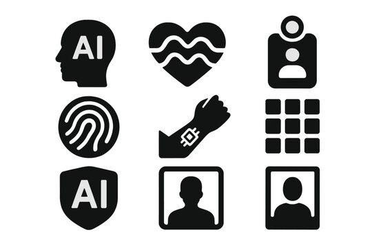 Identity Ink Icons. Solid style icons of identity-based ink: personal AI avatar ink, emotion signature symbol, digital twin tag.