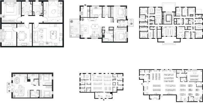 Set of architectural floor plans illustrating diverse building configurations and room arrangements