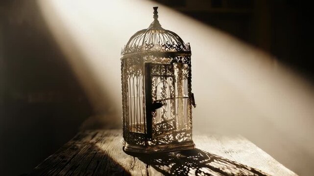 Ornate Metal Birdcage With Open Door Illuminated By Dramatic Sunlight Rays In A Dark Room