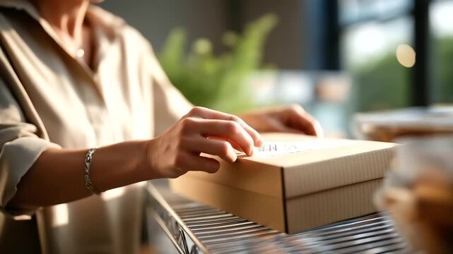 Faceless macro of hands peeling a neutral label sticker onto a storage box shelf grid defocused soft daylight bottom strip free faceless labeling organization defocused