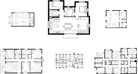 Collection of various floor plans and architectural blueprints