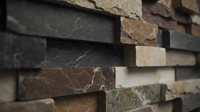 Close Up Multicolored Faux Stone Cladding Wall Decorative Panels in Home Interior