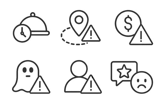 Ghost Kitchen Icons. Line style icons of ghost kitchen challenges: food delay icon, delivery radius warning, platform fee symbol,