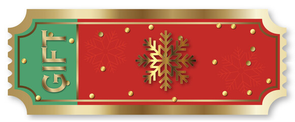 Golden gift ticket with red and green background, snowflake, and festive design. Perfect for Christmas presents, holiday invitations, or winter celebrations.
