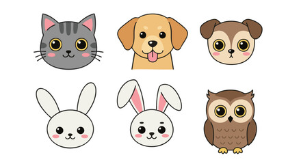 Obraz premium Cute cartoon animals including a cat dog rabbit and owl on a white background