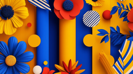 Bright blue and yellow floral paper art with red accents, cheerful abstract composition
