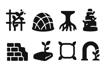 Adaptive Growth Architecture. Solid style icons of adaptive growth architecture: vine growing over scaffold, shape-shifting dome,