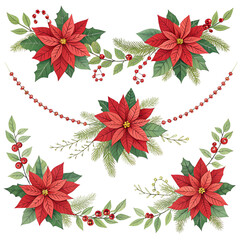  Festive poinsettia Christmas garlands, element set on transparent background