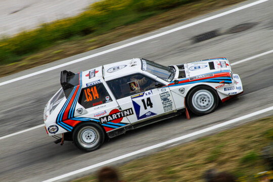 San Marino: 2010 09 01 Rally free event Iconic Martini Lancia Delta S4 Rally Car Speeding on Asphalt