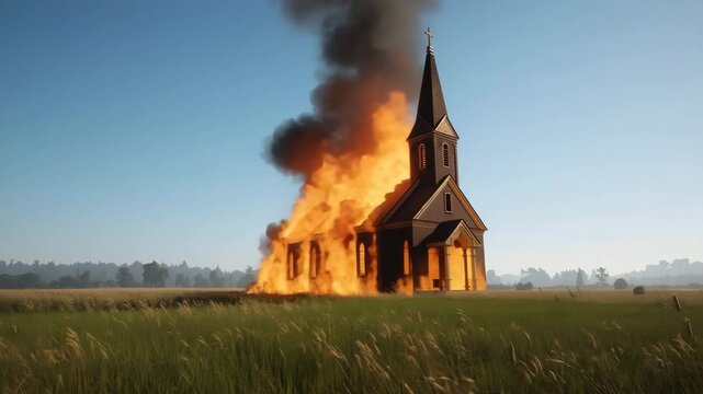 Burning church in field The image shows a historic wooden church engulfed in flames and smoke under the bright light.