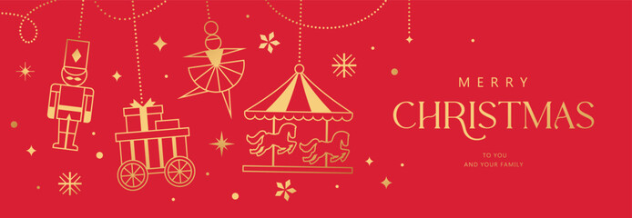 Christmas vector illustration with gold hanging ornaments on red background. Season's greeting design for banner, poster, cover, greeting card.   © LittleWhale