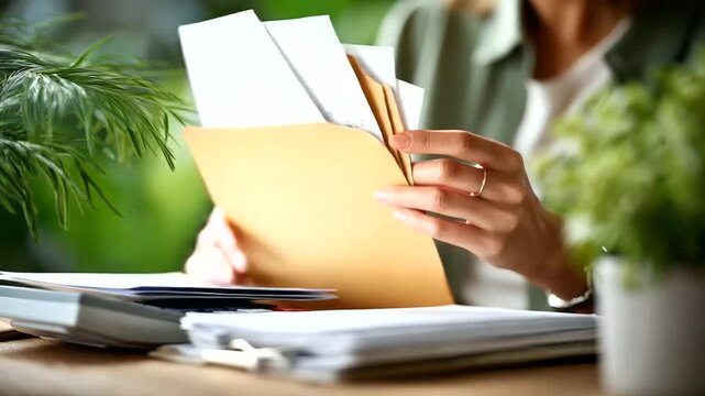 Faceless overhead of two sets of hands sorting expense receipts into envelopes calculator and stapler near textured desktop background plant defocused left band clear for