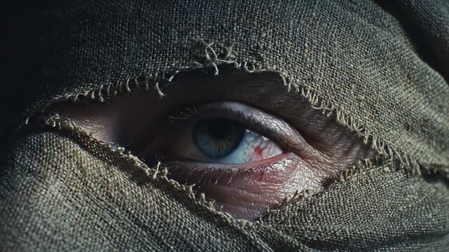 A captivating close-up reveals the piercing gaze of a figure shrouded in fabric, capturing the essence of intrigue and emotion. The soft light highlights the intricate details of their eyes.