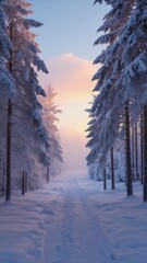 Winter landscape in the fir forest with a path at sunrise