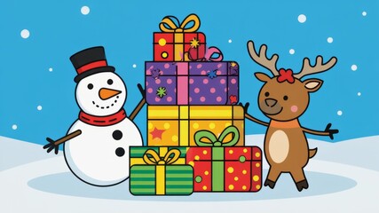 Christmas card with a reindeer and a snowman standing next to the gift boxes	