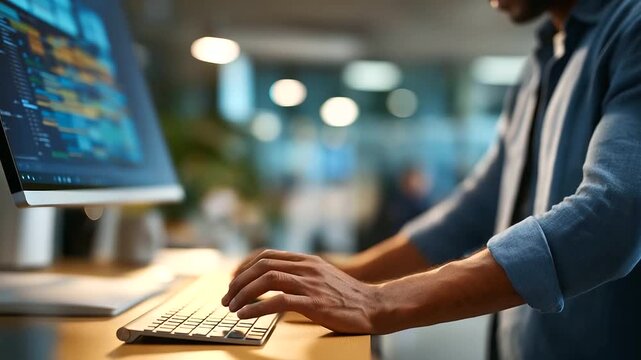 Faceless rear view of a professional at a standing desk hands on wireless keyboard ultrawide monitor showing abstract grid blurred beyond recognition open office background