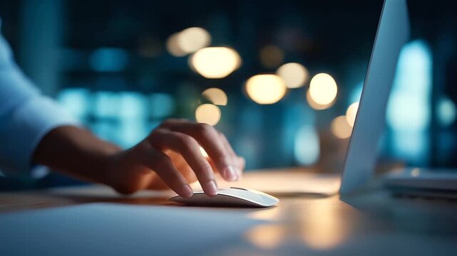 Faceless side angle of a person placing a minimalist mouse on a desk mat laptop lid half open pendant lights defocused soft cool light space above faceless desk setup