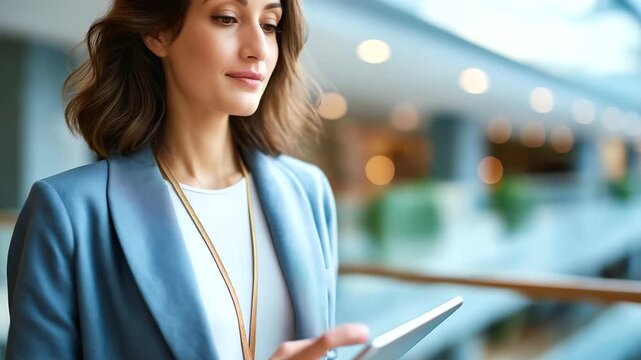 Faceless shoulder down portrait of a woman in blazer wearing a subtle badge lanyard tablet tucked to side atrium railings defocused calm color grading space above faceless