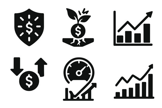 Antifragile Finance Icons. Solid style icons of anti-fragile finance systems: risk diversification badge, shockproof investment