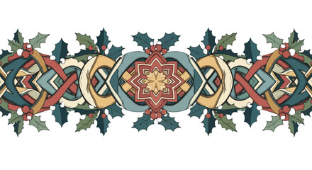 A festive, symmetrical illustration features intricate, colorful geometric patterns with holly accents, creating a decorative holiday border design.