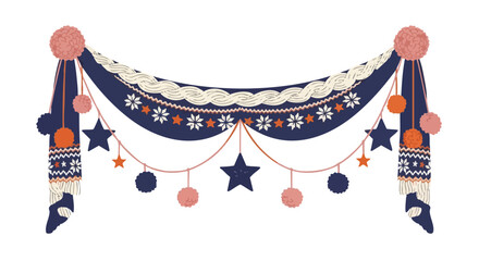 A festive illustration of a decorative banner, featuring star and floral patterns, pom-poms, and a braided trim, perfect for celebrations.