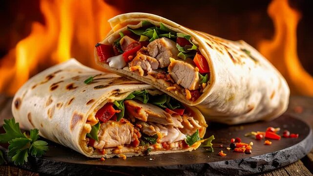 Chicken Shawarma Wraps Moving Forward with Fire Backdrop