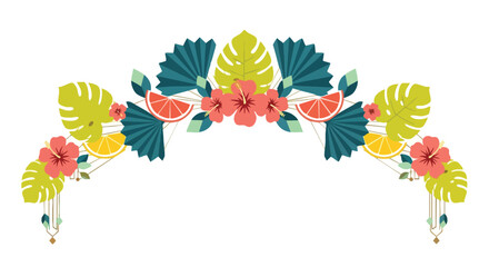 A vibrant tropical illustration features lush green monstera leaves, delicate hibiscus flowers, and refreshing citrus fruits, perfect for summer designs.