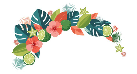 A vibrant illustration showcases an array of tropical flowers, lush leaves, and exotic fruits arranged in a decorative, eye-catching arc on a white backdrop.