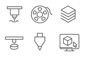 3D Printing Icons. Line style icons of 3D Printing: Printer Head, Filament Spool, 3D Object, Layered Structure, Print Platform,