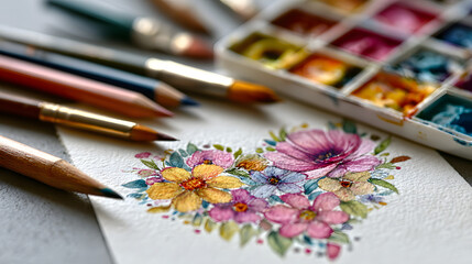 Obraz premium An artistic flat lay of a floral heart watercolor painting and art supplies.