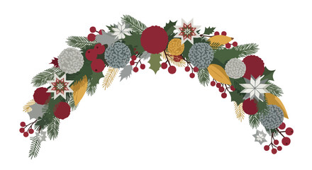 Festive illustration of a Christmas garland, featuring ornaments, berries, and greenery, perfect for holiday decorations and seasonal designs.