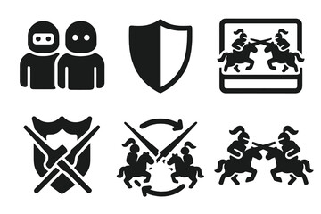 Team Joust Icons. Solid style icons of team-based jousts: duo bot icon, color-coded shield badge, synced charge slab. Multi-lane