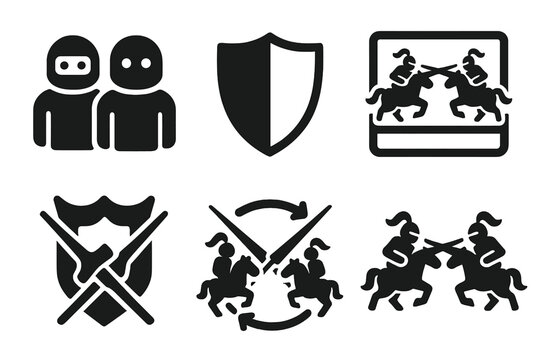 Team Joust Icons. Solid style icons of team-based jousts: duo bot icon, color-coded shield badge, synced charge slab. Multi-lane