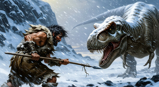 A courageous prehistoric caveman armed with a spear faces off against a fierce Tyrannosaurus Rex in a harsh, snowy wilderness