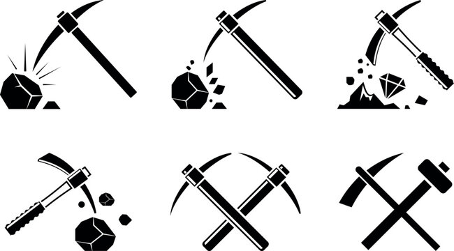Pickaxe and mining icons collection &ndash; rock breaking, gem/diamond, crossed tools &ndash; monochrome vector