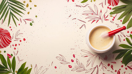 Creamy coffee cup with froth and stirrer tropical leaves floral doodle border, cheerful