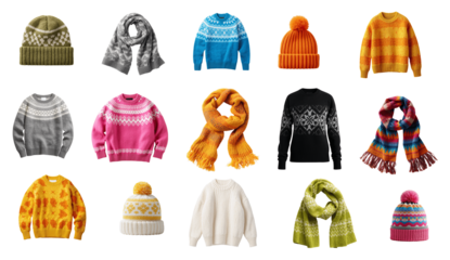 A set of warm knitted clothes: a hat, a sweater, a scarf on a transparent background