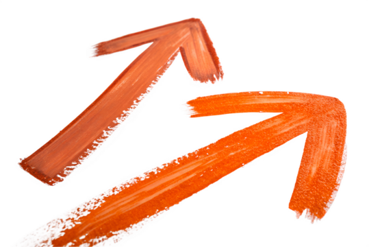 Orange paint brush stroke arrows moving upward and diagonally over clear backdrop
