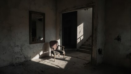 Sunlit Chair in Abandoned Room - A Study in Decay and Light.
