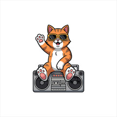 Cool Orange Tabby Cat Mascot in Sunglasses Listening to Music with vector illustration on white background  