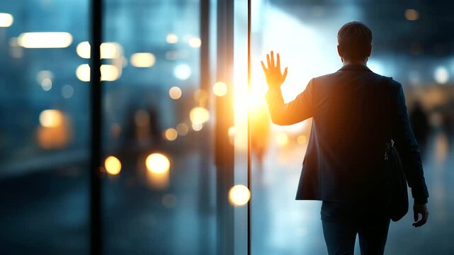 Faceless silhouette at a glass door signing in with a badge corridor downlights and signage defocused into soft shapes subtle rim light empty area to the left faceless access