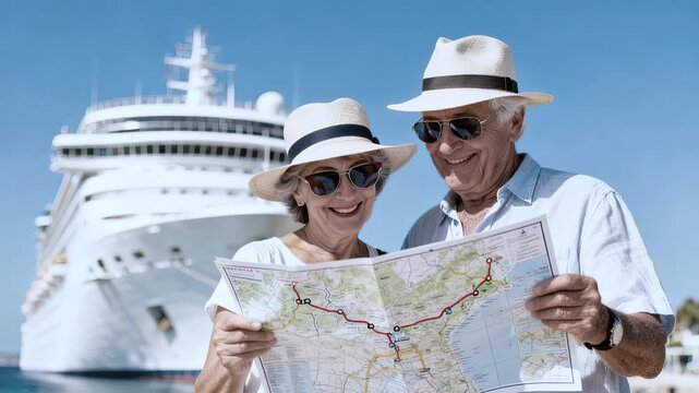 Elderly couple traveling on cruise ship. Happy elderly couple wearing summer hats studying map near large cruise ship. Retirement, travel, happiness. Ocean cruise, tourism and senior life concept