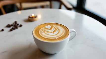 An inviting close-up showcases a perfectly crafted latte, featuring exquisite foam art within a pristine white cup. Resting on a bright marble table, the scene is adorned with scattered coffee beans a - Powered by Adobe