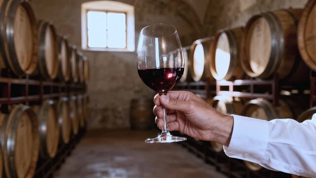 Wine tasting in cellar. Hand of tester holds glass of red wine in rustic wine cellar filled with oak barrels. Elegance, tradition and art of winemaking. Vineyard, tasting, luxury lifestyle concept