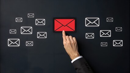 Hand pointing and tapping a glowing red email icon surrounded by white mail symbols
