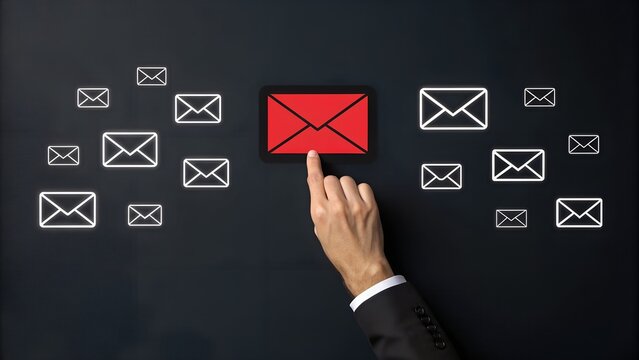 Hand pointing and tapping a glowing red email icon surrounded by white mail symbols