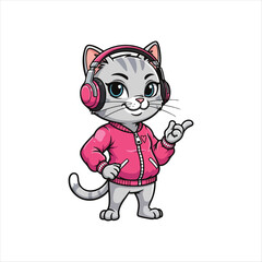 Cute Female Cat Character in Pink Jacket and Headphones with vector illustration on white background  