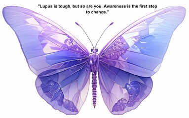 A purple butterfly symbolizing transformation, strength, and resilience for those living with lupus. Isolated on White Background.