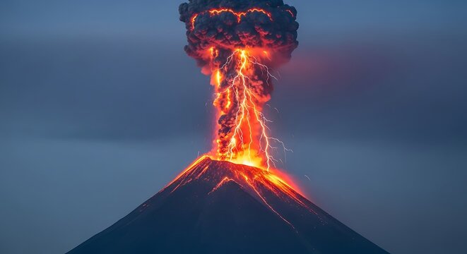 Volcano Eruption with Lava and Lightning Strike During Nighttime - Powered by Adobe